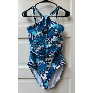 Bleu Rod Beattie Woman's Blue Floral Halter One Piece Swimsuit Size 12 NWT $125